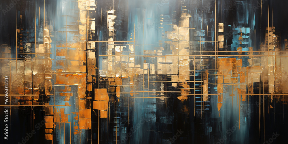 Poster a colorful oil painting with abstract patterns composed of black and gold. ai generative