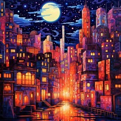 A vibrant illustration of a city at night  AI generated illustration