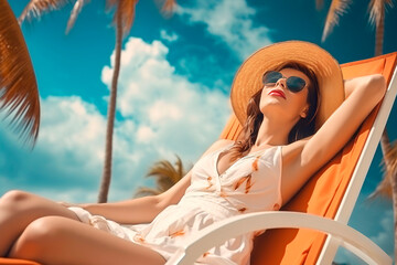 A young beautiful cheerful woman is sitting on a chaise longue on the beach. Tropical beach. Vacation at sea