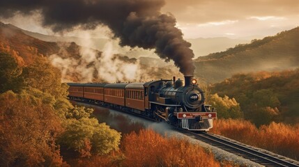 A vintage train chugging through a scenic countryside  AI generated illustration - obrazy, fototapety, plakaty