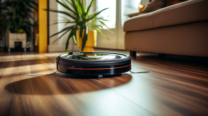 A robot vacuum cleaner cleans the living room. ai generative