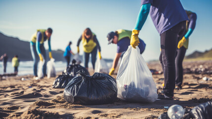 volunteers cleaning up a beach, collecting trash, and sorting recyclables. ai generative - obrazy, fototapety, plakaty