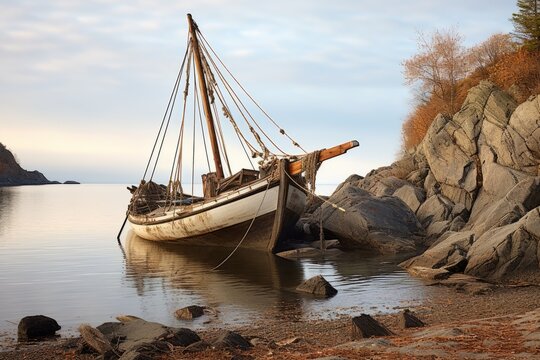 A sailboat rests in still waters, sails tattered and hull weathered by time