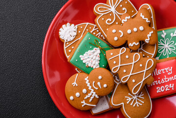 Beautiful Christmas gingerbread cookies of different colors on a ceramic plate