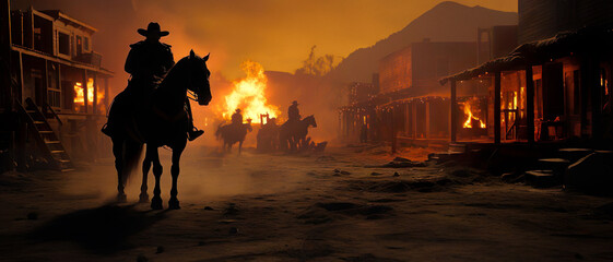 Cowboy Silhouette of burning town - Generative Ai