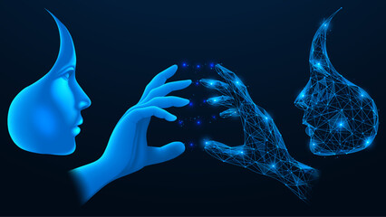 Human contact with artificial intelligence.  Polygonal design. Blue background. - obrazy, fototapety, plakaty