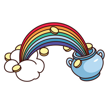 recommend clip art: Groovy leprechaun pot of gold coins and rainbow vector illustration. Cartoon isolated retro funny cute sticker for St Patricks Day, cauldron pot with magic golden treasure of fairytale character