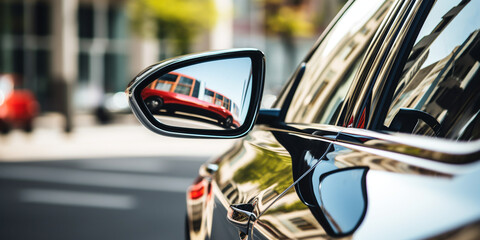 close up of the shiny rear view mirror of an expensive sport car. ai generative - obrazy, fototapety, plakaty