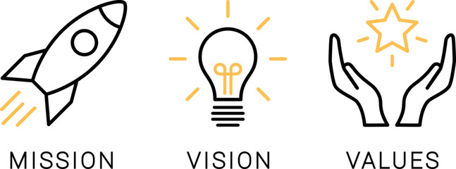 Linear icons of mission, vision and values as a business thinking concept