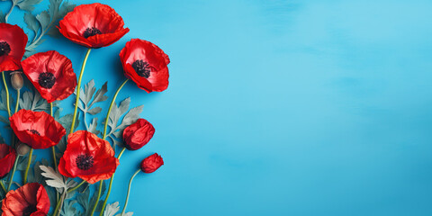 poppy flowers on a blue background. copy space. ai generative - obrazy, fototapety, plakaty