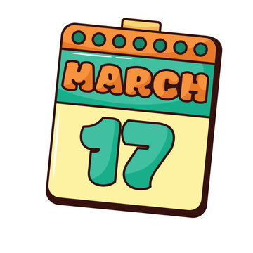 Groovy sticker with calendar date March 17 vector illustration. Cartoon isolated retro funny patch of Saint Patricks Day in green and yellow colors, cute paper reminder of spring month holiday