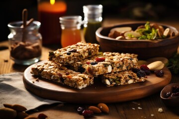 A nutritious and delicious snack featuring homemade granola bars filled with oats, nuts and dried fruit.