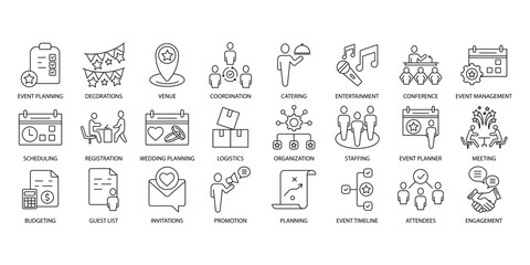 Event planning icons set. Set of editable stroke icons.Vector set of Event planning