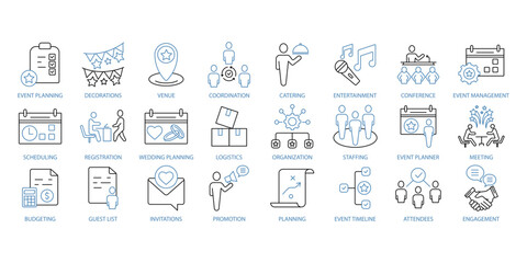 Event planning icons set. Set of editable stroke icons.Vector set of Event planning