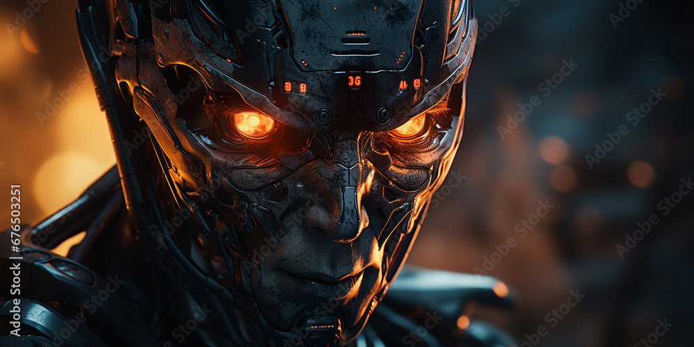 Poster malicious look of a robot with artificial intelligence, danger to humanity. ai generative