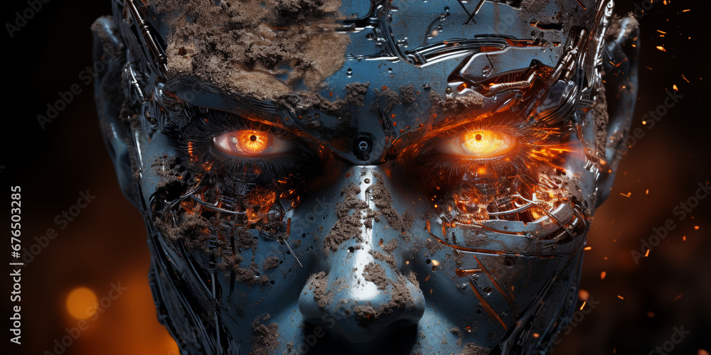 Aufkleber malicious look of a robot with artificial intelligence, danger to humanity. ai generative