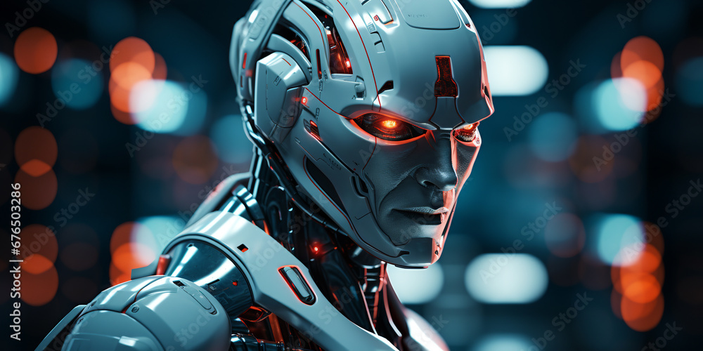 Poster malicious look of a robot with artificial intelligence, danger to humanity. ai generative