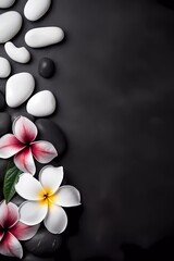 Fototapeta na wymiar SPA smooth black stones on a black volcanic sand and beautiful flowers background. Copy space for text, banner.