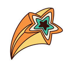 Groovy flying star vector illustration. Cartoon isolated funny sticker of hippie vibe, shooting comet or firework on St Patricks Day, falling star with tail and yellow green frames as luck symbol