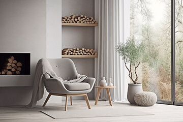 gray armchair against the background of a fireplace and a large window. modern living room design in Scandinavian style. ai generative - obrazy, fototapety, plakaty