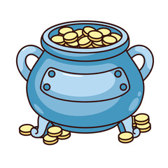 Money treasure of leprechaun, pot of gold vector illustration. Cartoon isolated cauldron full of golden coins, symbol of luck, success and wealth of St Patricks Day, magic pot boiler with cash