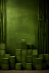 green bamboo background with green grass cubes,all in green,minimal composition,japanese concept