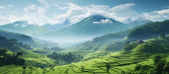 During the summer I took a trip to Thailand to explore the breathtaking landscape and immerse myself in the country s rich agricultural heritage captured by the vibrant green fields of rice  - obrazy, fototapety, plakaty