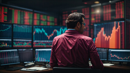 A financial trade manager evaluates stock market indicators closely examining financial data and charts for informed decision-making.