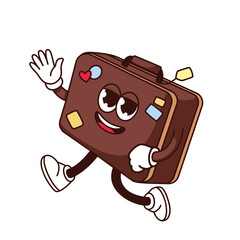Groovy suitcase character vector illustration. Cartoon isolated retro brown suitcase with travel stickers running on vacation, funky mascot with arms and legs, funny expression on face and smile