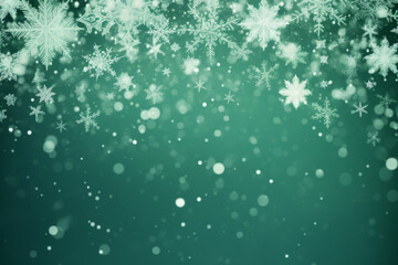 Obraz na płótnie Canvas Winter theme greeting card background, snowflakes on green background
