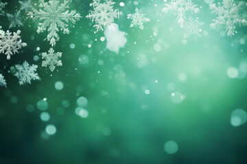 Winter theme greeting card background, snowflakes on green background