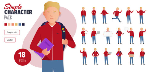 Simple flat male teenager student vector character in a set of multiple poses. Easy to edit and isolated on a white background. Modern trendy style character mega pack with lots of poses.