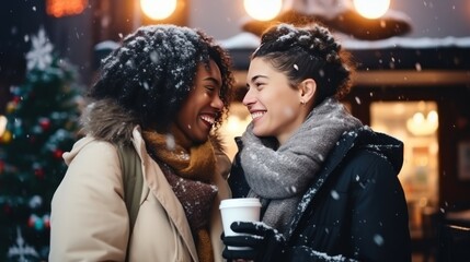 Loving lesbian couple strolls with coffee sharing intimate moments of warmth and affection during morning in tranquil park. Couple of girlfriends enjoys coffee walking through park enjoying moments - obrazy, fototapety, plakaty