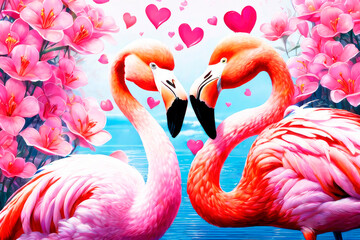Happy valentine's greeting card, concept of love confession. A  couple of  very cute flamingo deep against a heart, cartoon character. Expression of tender feelings.