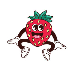Groovy strawberry character vector illustration. Cartoon isolated retro fruit sticker of sitting comic red berry with funny smile on face, arms and legs, funky strawberry patch for summer vacation