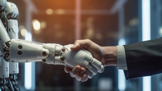 Close up hand of white AI modern robot shake hand   AI generated illustration