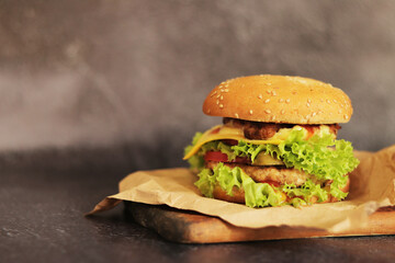 Double cheeseburger on a gray background. Juicy tasty burger on craft paper, side view. Fast food. Copy space