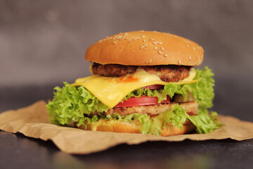Double cheeseburger on a gray background. Juicy tasty burger on craft paper, side view. Fast food