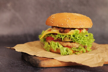 Double cheeseburger on a gray background. Juicy tasty burger on craft paper, side view. Fast food. Copy space
