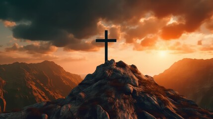Cross of jesus christ on a background with dramatic   AI generated illustration - obrazy, fototapety, plakaty