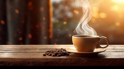 Cup of coffee on wooden table web banner size  AI generated illustration