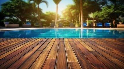 Empty wooden surface with summer travel hotel swimming  AI generated illustration