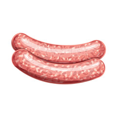 Raw meat sausages vector illustration. Cartoon isolated top view of two fresh sausages from spicy marinated pork or beef, chicken or minced veal with lard, portion for barbecue grilling or frying