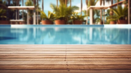 Fototapeta na wymiar Empty wooden surface with summer travel hotel swimming AI generated illustration