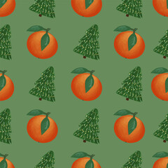 Christmas seamless pattern. Oranges and Christmas trees. Winter packaging paper design