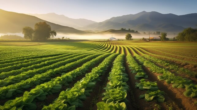 Field of organic lettuce growing in a sustainable  AI generated illustration
