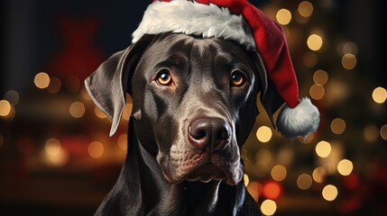 dachshund portrait on the background of a Christmas tree. Merry Christmas and Happy New Year concept