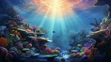 underwater scene with coral reefs and fish - obrazy, fototapety, plakaty