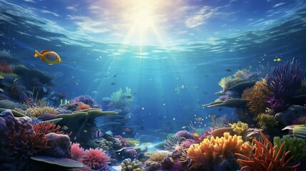 underwater scene with coral reefs and fish