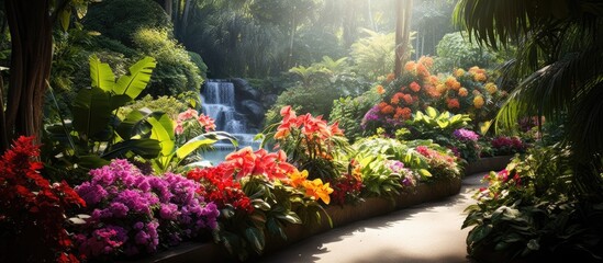 The background of the beautiful garden was filled with an array of vibrant flowers lush green leaves and tropical plants creating a stunning display of nature s beauty - Powered by Adobe